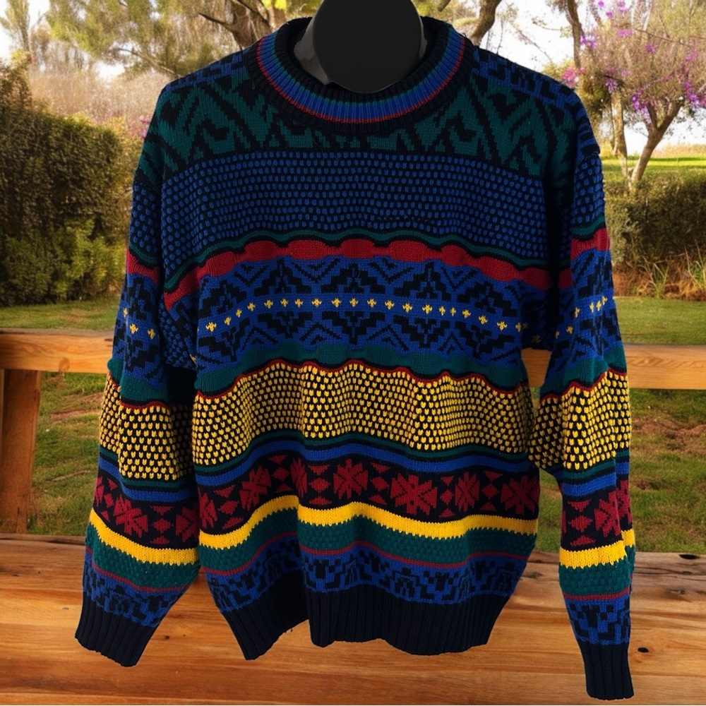 Vintage Multi-Colored Acrylic Crew Neck Geometric Sweater by Lightening Bolt - Picture 6 of 10